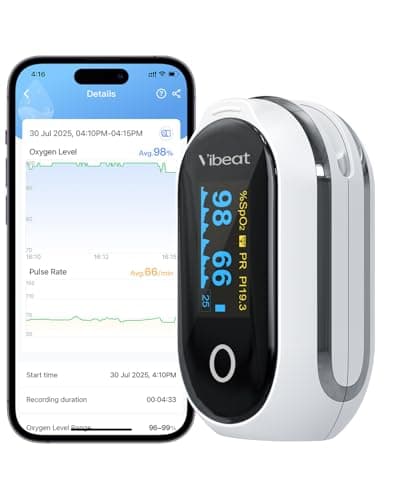 Rechargeable Pulse Oximeter Fingertip, Vibeat S6W Bluetooth O2 Monitor Finger with Real-Time Blood Oxygen Saturation & Heart Rate Tracking, Batteries and Lanyard Included