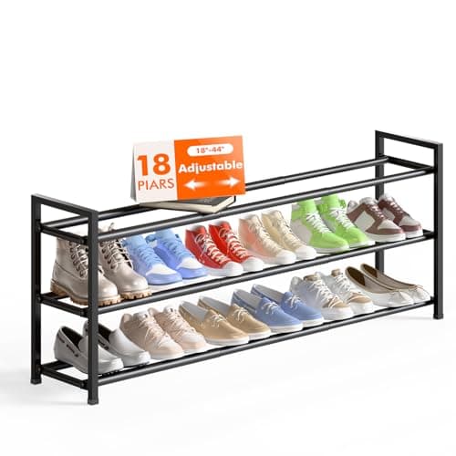 Bumusty 3-Tier Long Expandable Shoe Rack for Closet, 18"-44" Adjustable Shoe Rack for Entryway, 15-18 Pairs Large Shoe Organizer Shelf Storage, Sturdy Metal, Black