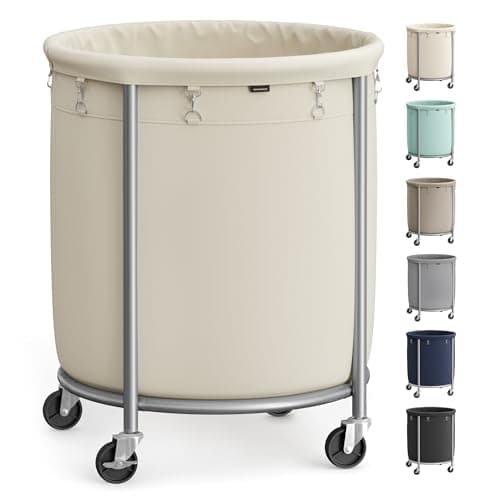 SONGMICS 50.2-Gallon (190 L) Laundry Basket with Wheels, Rolling Round Heavy-Duty Laundry Hamper Cart with Steel Frame and Removable Bag, 2 Locking Wheels, Cream White and Metallic Silver URLS01MZ