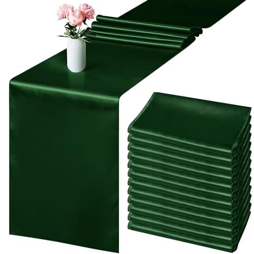 Aneco 12 Pack Satin Table Runner 12 x 108 Inch Forest Green Long Wedding Satin Silk Table Runner for Wedding Banquet Graduations Birthday Party Decoration
