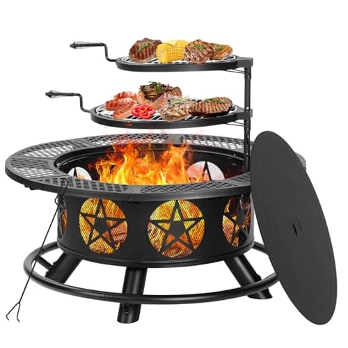 OutVue 36 Inch Fire Pit with 2 Grills, Wood Burning Fire Pits for Outside with Lid & Poker, BBQ& Outdoor Firepit & Round Metal Table 3 in 1 for Patio, Picnic, Party