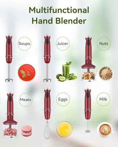 Immersion Blender 5 in 1 Hand Blender, Abuler 1000W Hand Mixer Stick,12 Speed Handheld Blender 304 Stainless Steel with 600ml Mixing Beaker, 500ml Chopper, Whisk and Milk Frother for Soup, Baby Food 5