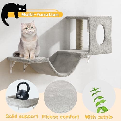 NUNU LAB Wall Mounted Cat Furniture Set - 6 Pcs Climber Set with House, Bridge, Steps, Scratcher Board - DIY Walls Playground, Indoor Cat Shelves - Gray 6