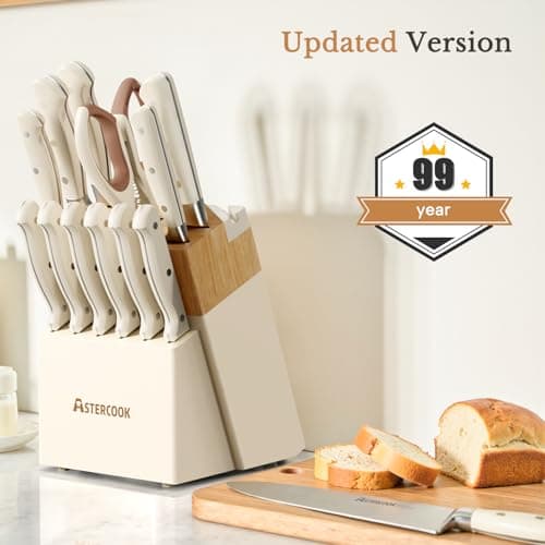 Knife Set,Astercook Kitchen Knife Set with Block 14-Piece Full Tang Stainless Steel Knives with Sharpener Dishwasher Safe and Anti-Slip Ergonomic Handle Elegant Cream White Utensils Set 3