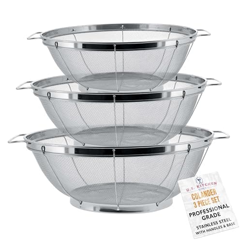 U.S. Kitchen Supply Set of 3 Stainless Steel Colander Strainers Net Baskets 5, 4, & 3-Quart - Colander with Handles & Resting Base - Stainless Steel Sieve, Mesh Strainers and Colanders for Kitchen