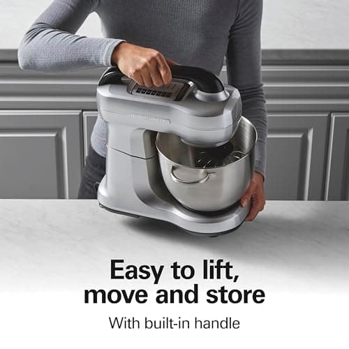 Hamilton Beach Electric Stand Mixer, 4 Quarts, Dough Hook, Flat Beater Attachments, Splash Guard, 7 Speeds with Whisk, Easy-Carry Top Handle, Silver 6