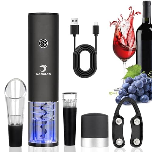 SANMAS Rechargeable Electric Wine Bottle Opener Set - Automatic Corkscrew with Foil Cutter, Wine Stopper & Aerator Pourer - Ideal Gift for Wine Lovers