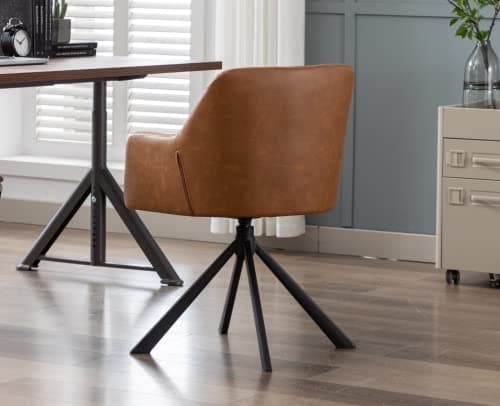EALSON Comfy Leather Desk Chair Modern Computer Task Chair no Wheels Swivel Accent Chair with Mid Back Arm Chair for Living Room/Bedroom/Home Office, PU Brown 6