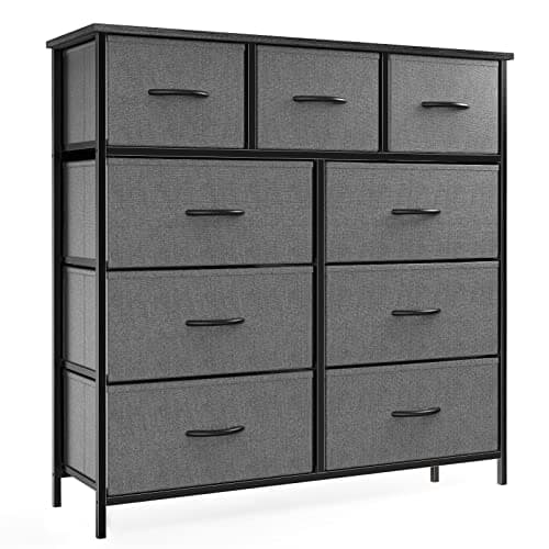 OLIXIS Dresser for Bedroom, 9 Storage Drawers, Wide Fabric Closet Chests Organizer Tower Furniture, TV Stand with Wooden Top Metal Frame for Clothes, Living Room, Hallway, Entryway, Classic Grey