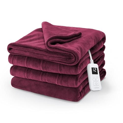 Sunbeam Electric Royal Luxe Microplush Heated Blanket, 12 Heat Settings, 12-Hour Selectable Auto Shut-Off, Fast Heating, Warm and Cozy, Cabernet Color, Full, 84" x 72"