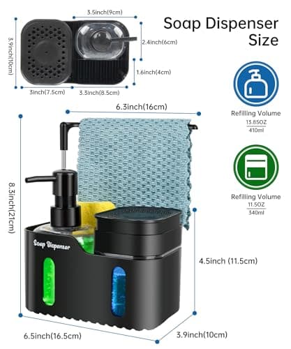 Hand Soap and Dish Soap Dispenser Set for Kitchen, Dual Soap Dispenser with Sponge Holder and Dishcloth Holder 4-in-1 Organizer for Kitchen Sink Countertop, Useful Kitchen Gadgets (Black) 7