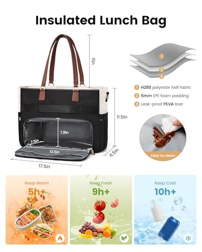 LOVEVOOK Lunch Bag, Tote Bag for Women with Insulated Lunch Compartment, Laptop Bag with Large Capacity & Cup Holder, Work Tote for Teacher, Nurse, Travel, College, Daily, Black-Beige-Brown, 15.6 Inch 4