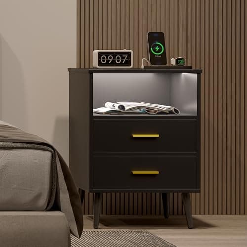LVSOMT 20'W Fluted Nightstand, Night Stand with Charging Station and LED Lights, RFID Lock Hidden Drawer, Mid Century Morden Bedside Table for Bedroom, 2 Drawers and Open Storage Cubby, Black 8