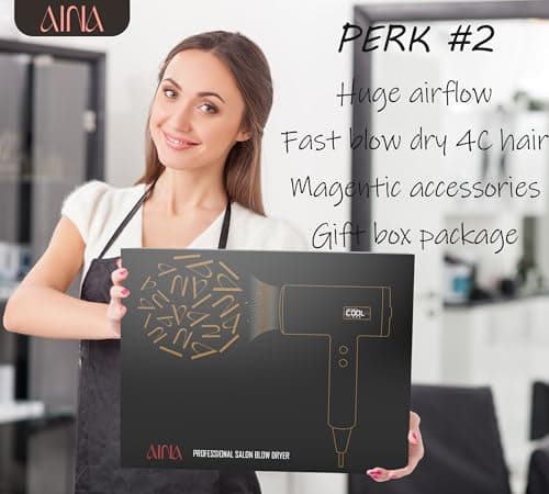 AINA Professional Salon Hair Dryer,2000W Blow Dryer with Diffuser Brush Comb for Women-BLDC Hair Dryer-Brushless Motor 150,000 RPM,Ionic,LED Display,4 Magnetic Attachments 110V/ALCI (Vader Black) 5
