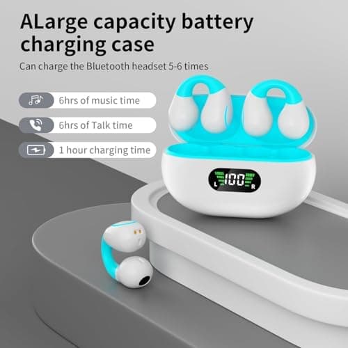 Clip On Earbuds, Wireless Bluetooth 5.3 Lightweight Comfort Bone Conduction Open Ear Headphones with LED Digital Display Charging Case Sport Built-in Mic IPX7 Waterproof for Running Fitness, Sky Blue 5