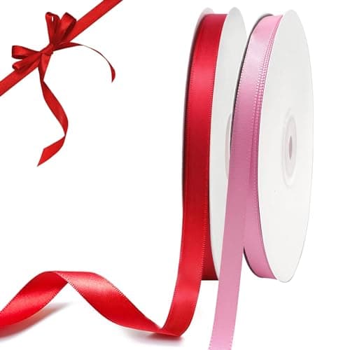 Light Pink Ribbon & Red Ribbons 2 Rolls Total 100Yarde, 3/8" Solid Color Double Faced Satin Ribbon, Crafts Ribbons for Gift Wrapping, Hair, Flower Bouquet, Valentiness Decoration, Bow Making