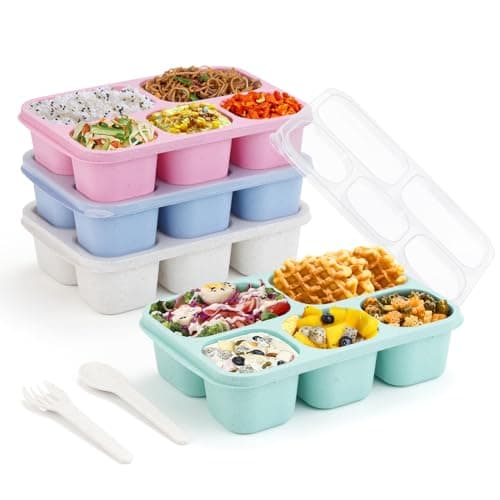EWVVSS 4 Pack Bento Snack Box 5-Compartment Snack Containers Reusable Wheat Straw Divided Lunch Container for Adults & Kids for School, Work, Travel, Family Picnics