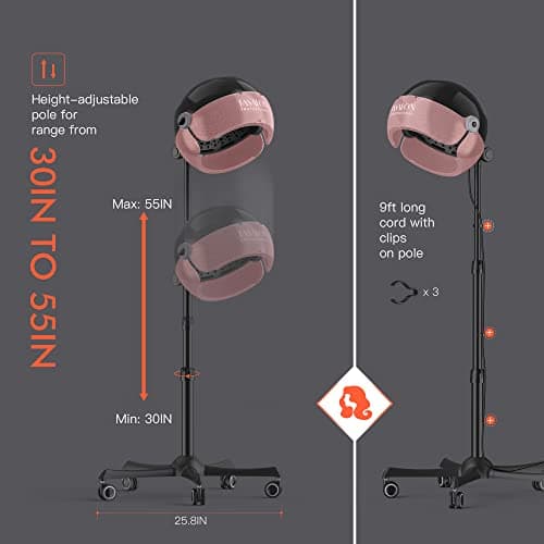 TASALON Ionic Hooded Hair Dryer, 1875W Professional Standing Hair Dryer Bonnet with 3 Temperature Settings, Height Adjustable Rolling Hair Dryer on Wheels, Sit Under Hair Dryer for Home & Salon, Pink 5