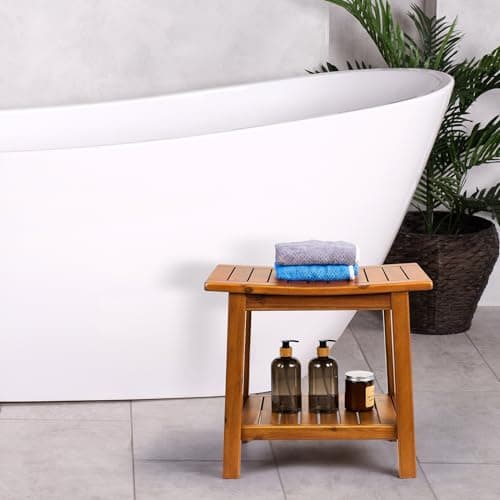 Upolana Teak Shower Bench, 20" Solid Wood Shower Stool Waterproof Shower Seat with Storage Shelf for Bathroom, Indoor & Outdoor Use 8