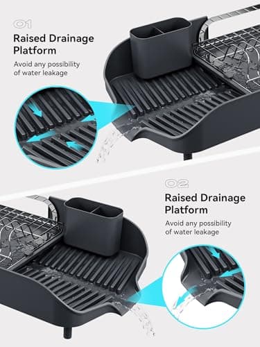 SUNLY Dish Drying Rack, Expandable Dish Racks for Kitchen Counter, Space Saving Kitchen Drying Rack with Sleek & Modern Design, Rust Proof Stainless Steel Dish Drainers with Utensil Holder, Deep Gray 6