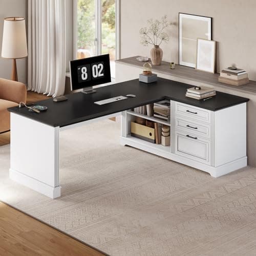 SEDETA Farmhouse 61" Executive L Shaped Desk, Home Office Desk with File Drawers, Computer Desk with Power Outlets and Storage Shelves for Home Office, White 6