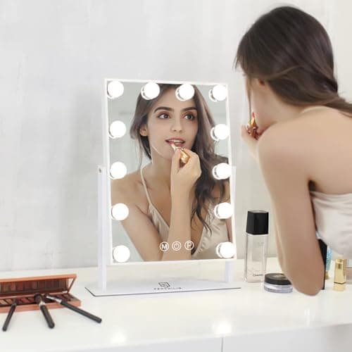 FENCHILIN Lighted Vanity Makeup Mirror with Lights Hollywood Mirror Desk Mirror with Bulbs Light Smart Touch Control 3Colors Dimmable Light Detachable 10X Magnification 360°Rotation 7