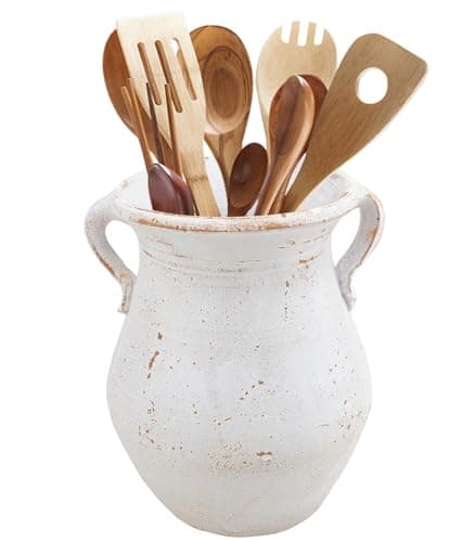 OOXYG Rustic Kitchen Utensil Holder for Countertop, 7.6x4.9In Large Ceramic Cooking Utensil Crocks for Countertop, with non-slip pads, Morden Farmhouse Vintage Kitchen Counter Decor