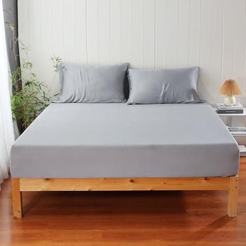 100% Viscose Derived from Bamboo Fitted Sheet with 16" Deep Pocket, Hotel Luxury Silky Bedding, Ultra Soft, Cooling for Hot Sleepers(Gray Full)