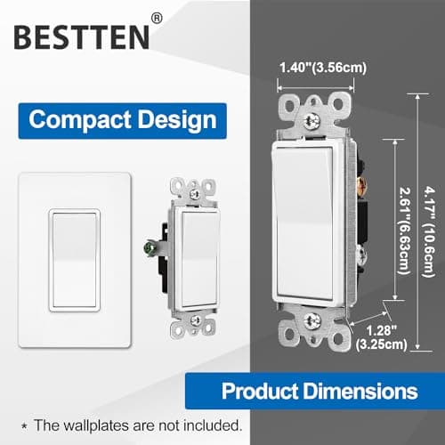 BESTTEN 10 Pack Single Pole Decorator Wall Light Switch, 15A 120/277V, Paddle Light Switch, On/Off Rocker Interrupter, UL Listed, White 7