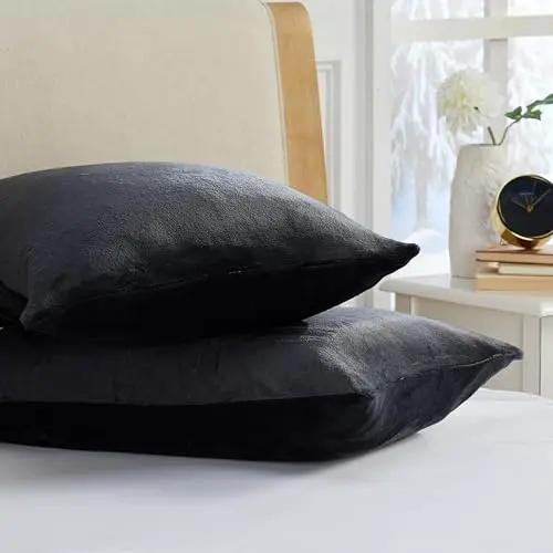 Triodream Micro Fleece Pillowcase Set with Zipper | Ultra Soft Velvet Pillow Cases | Soft Pillowcases and Shams | Flannel Fleece Velour Material | King Size Pillowcases - 20" x 36" - Black' 7