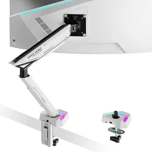 ARES WING RGB Single Monitor Arm Desk Mount for 17-45 inches Flat and Curved Monitors, Holds 35.2 lbs Heavy Duty, Adjustable Ultrawide Monitor Arm with Clamp & Grommet Base, 75/100 VESA Mount, White