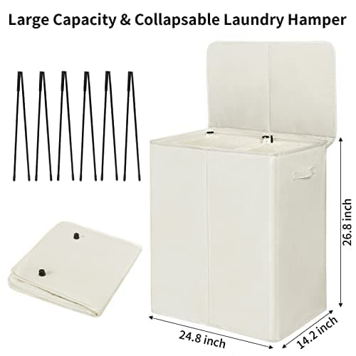 WOWLIVE 154L Double Laundry Hamper with Lid and Removable Laundry Bags, Large Dirty Clothes Hamper 2 section Collapsible Laundry Basket Dorm Room Storage for Bedroom, Bathroom, College,Beige 5