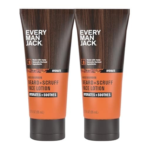 Every Man Jack Beard + Scruff Face Lotion - Moisturizes, Relieves Dry Skin and Beard Itch - Light Aged Bourbon Scent - Naturally Derived Ingredients like Coconut Oil, and Witch Hazel - 3.2 oz (2 Pack)