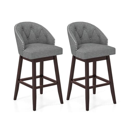 NAFORT Swivel Bar Stools Set of 2, Upholstered Bar Stool Set w/Back, Rubber Wood Legs and Linen Surface Seat, Modern Bar Chairs with Stylish Tufted Design & Rivet Decoration for Living Room & Kitchen