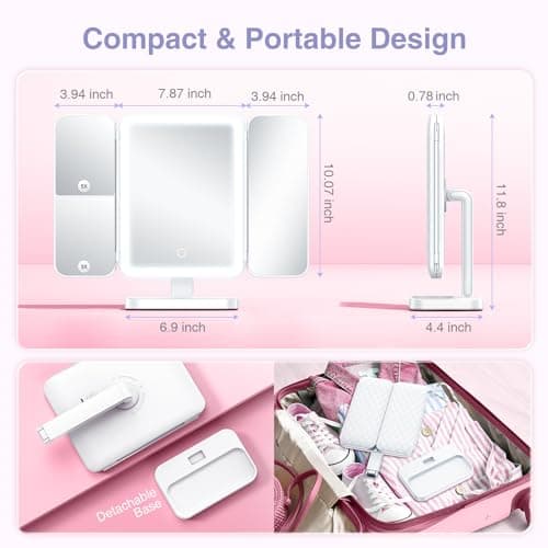 Axyra Makeup Mirror with 78 LED Lights, Rechargeable Tri-Fold Lighted Vanity Mirror, 3 Dimmable Color Lighting Modes, 1X 3X 5X Magnification, Touch Control, Lighted Makeup Mirror, Gift for Women 7