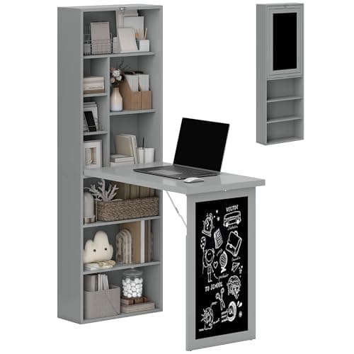 HOMCOM Fold-Out Convertible Writing Table, Computer Desk with Blackboard and Side Shelf Multi-Function Home Office Workstation, Charcoal Gray