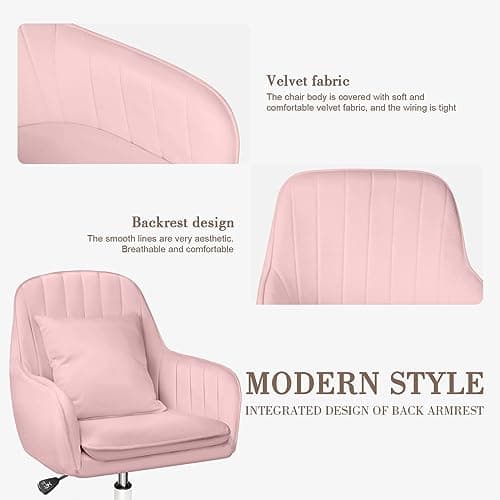 HDHNBA Mid Back Velvet Vanity Chair Swivel Rolling Desk Chair with Wheels, Modern Upholstered Makeup Chair for Women Girls, Computer Task Chair for Bedroom Living Room Office, Pink 5
