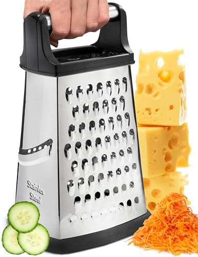 BASSWOOD Professional Cheese Grater, XL Size 4-Sided Stainless Steel Box Grater, Food Shredder for Cheese, Cheese Shredder - Cheese Grater with Handle - Graters for Kitchen Stainless Steel Food Grater