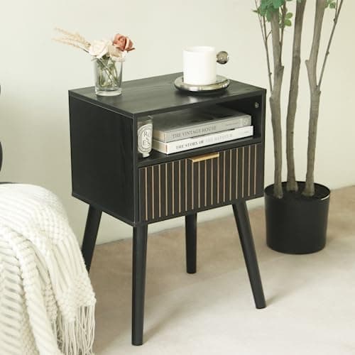 MaxSmeo Black Nightstand with Drawer, Mid Century Modern Bedside Table with Open Shelf Storage, End Table with Solid Wood Legs, Black 7