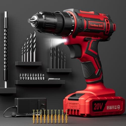 Cordless Drill Set, VIWKO 20V Power Drill with Power Pack 2.0Ah and Charger, 3/8-Inch Keyless Chuck Electricdrill, 25+1 Torque, 42pcs Drilldriver Bits/Screws for DIY Projects (Red)