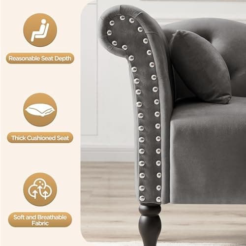 HomJoones Tufted Upholstered Velvet Rolled Arm Chaise Lounges Indoor Chair, Right Arm Facing Chaise Lounge with Nailhead Trim and 1 Pillow,for Living Room Bedroom Office (Grey) 6