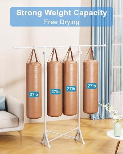 Runsand No Installation Clothes Rack,Portable Folding Carbon Steel Garment Rack - Versatile Heavy Duty Coat Rack with 4 hooks for Indoor and Outdoor Use - great for Home, Camping,Travel (White) 8