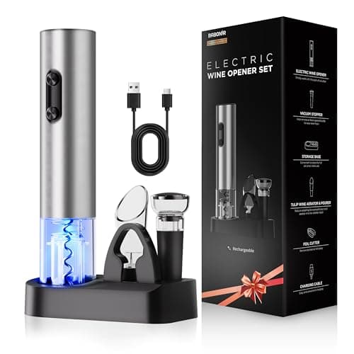 BABONIR 6-in-1 Electric Wine Opener Gift Set, Stainless Steel Automatic Corkscrew with Foil Cutter, Vacuum Stopper, Aerator Pourer and Storage Base, Rechargeable Bottle Opener Gift Kit for Home Party