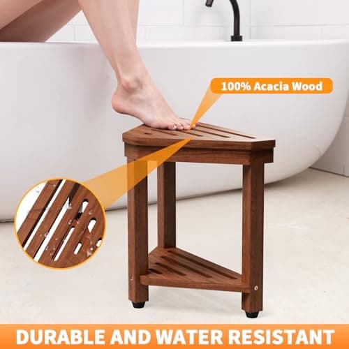 Shower Foot Rest 15 in, Acacia Shower Stool for Shaving Legs,Corner Bath Shower Bench with Starage Shelf for Inside Small Shower Spaces 5