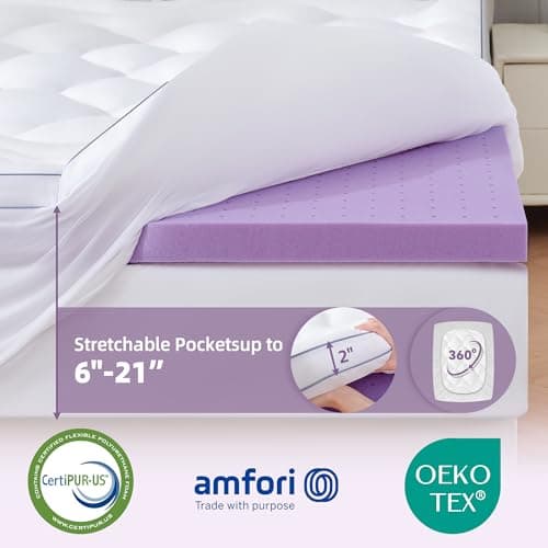 BDEUS King Size Dual Layer 5 Inch Memory Foam Mattress Topper, 2 Inch Cooling Gel Memory Foam Plus 3 Inch Extra Thick 1450GSM Mattress Topper with Bedside Pocket, White 6