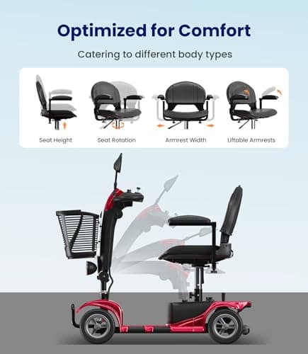 VOCIC 4 Wheel Mobility Scooter, Electric Powered Chargeable Electric Mobility Scooters, Heavy Duty Foldable Motorized Scooter with Headlight, Basket, Charger, D41 (Red) 6