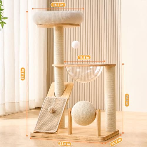 HITTITE Solid Wood Cat Tree Tower with Scratching Post, 37.8 Inches Tall Cat Towers with Scratching Board and Scratcher Ball, Modern Cat Tower With Space Capsule and Removable Top Bed for Indoor Cats. 7