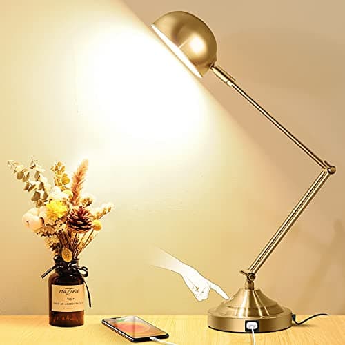 TOBUSA Architect Gold Desk Lamp Dimmable with USB Port, Adjustable Touch Control Vintage Desk Lamp 3 Color Modes, Brass Metal Desk Lamp Retro Style Reading Light for Home Office Desk Bedside Table