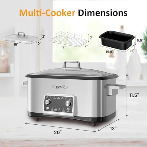 Sunvivi 8 Quart Slow Cooker Roaster Oven, 12 in 1 programmable Multi-Cooker Food Warmer with Digital Timer, Temp Control, Removable Cast Aluminum Pot & Dishwasher-Safe Tempered Glass Lid, Stainless 6