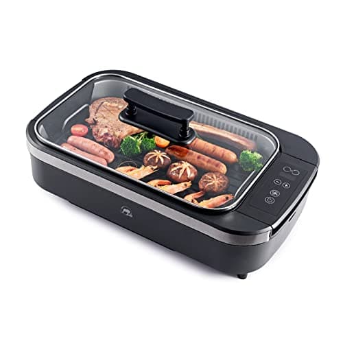 X&E Smokeless Indoor Grill, 1500W Non-Stick Removable Grill Rack & Pan, Adjustable Temperature up to 450°F, Fast Heat Up, Dishwasher Safe, Ideal for Steaks, Burgers, Fish & Veggies, Serves 5 People